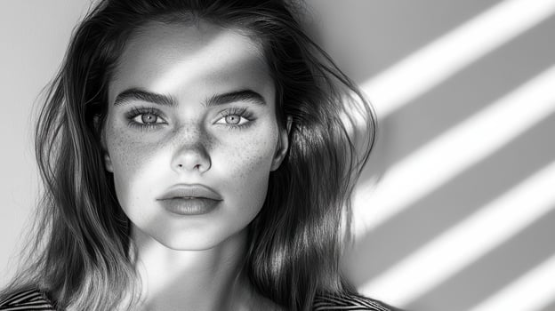A black and white photo of a woman with freckles