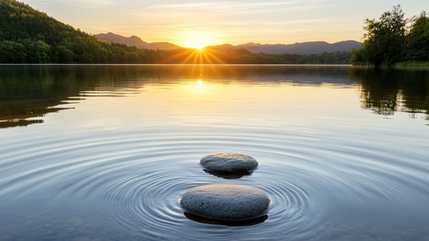 Two rocks in the water at sunset photo