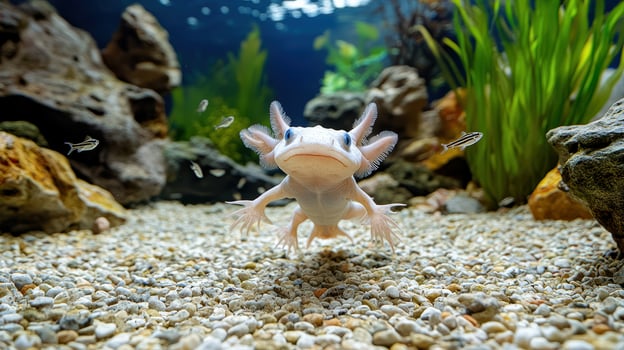 A white fish in an aquarium with rocks and gravel photo