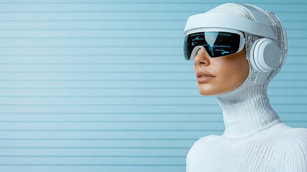 A woman wearing a futuristic helmet and sunglasses photo