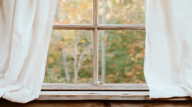 A window with white curtains and a view of trees photo
