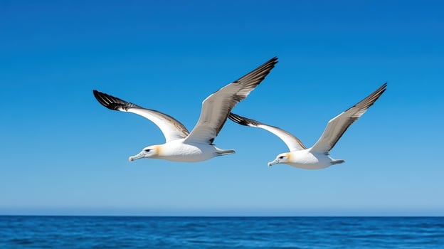 Two seagulls flying over the ocean photo
