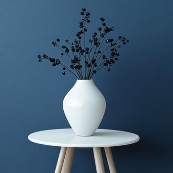 Stylish white vase with dark blue flowers placed on a blue background photo