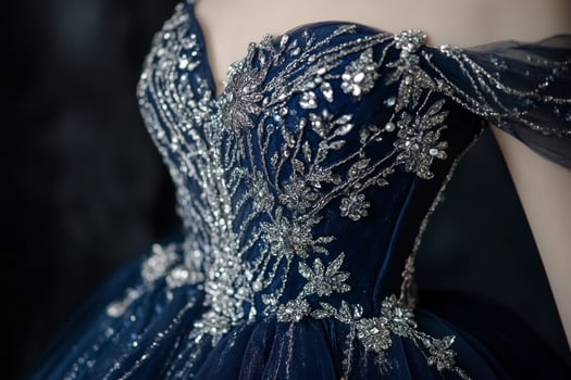 Dark blue evening dress with silver embellishments photo