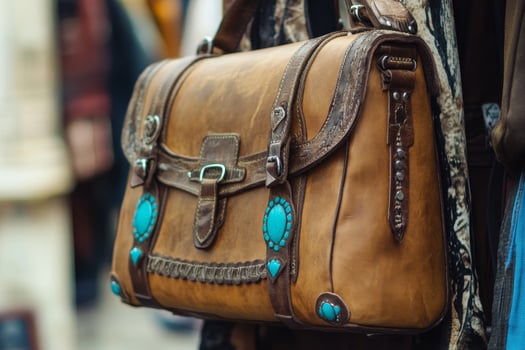 Stylish brown leather bag with turquoise details and metal fittings photo