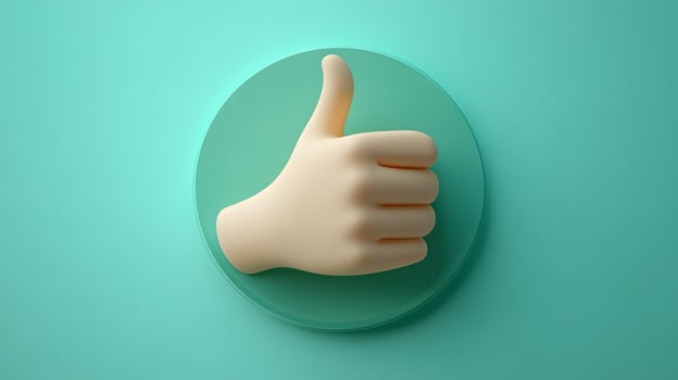 3D cartoon thumbs up gesture in soft plastic toy style, featuring beige hand on green circular background with smooth matte texture and rounded edges. artistic photo