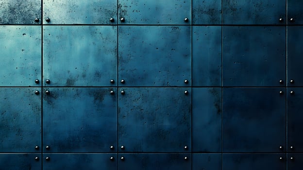 Industrial concrete wall with dramatic downlighting and blue-tinted surface, featuring geometric panel patterns and metallic rivets in modern brutalist architectural style. industrial photo