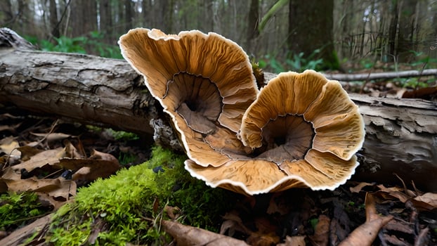 Autumnal Turkey Tail Fungi on Fallen Log in Forest photo