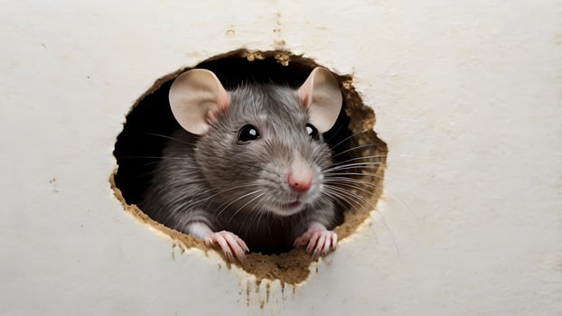 Rat Peering Out From a Hole in a White Wall photo