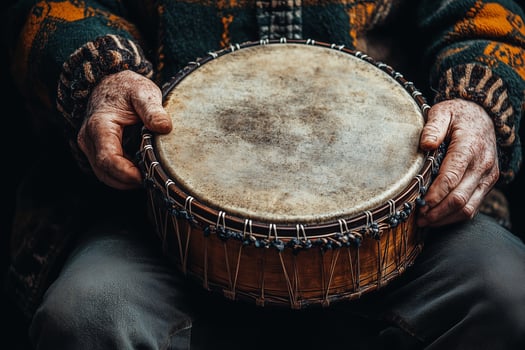 Close up of musician gripping traditional bodhran drum, highlighting cultural rhythms of irish american musical heritage photo