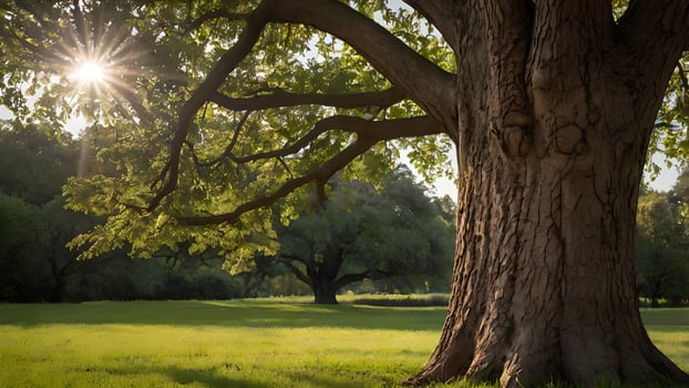 Majestic Oak Tree in Sunlit Meadow photo