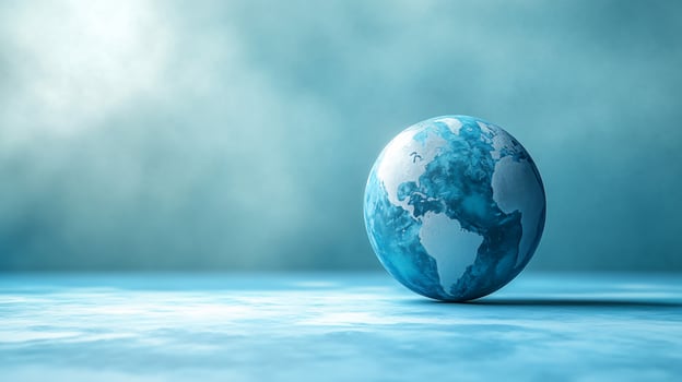 A blue and white globe sits on a blue surface photo