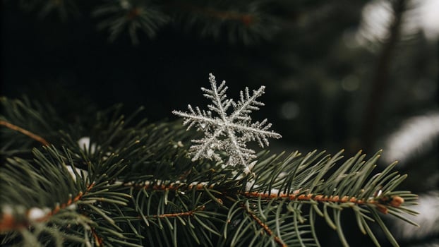 A snowflake is sitting on top of a pine tree photo
