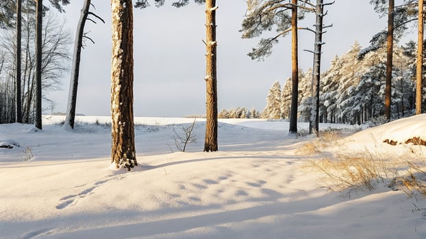 A snowy forest with trees and snow photo