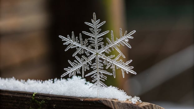 A snowflake is shown on a wooden fence photo