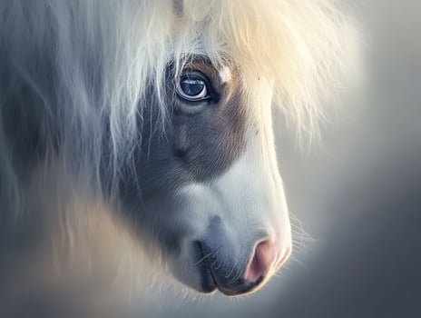 Majestic white pony with a flowing mane in soft light photo