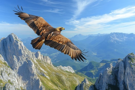 Golden eagle soars over majestic mountain landscape photo
