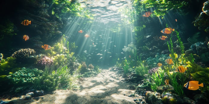 Colorful fish darting through a vibrant underwater ecosystem photo