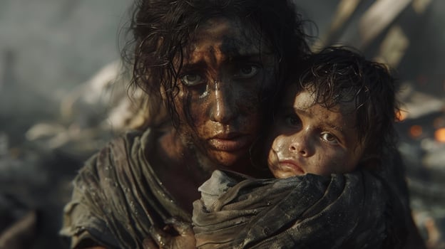 A young woman covered in dirt and soot with sadness and horror on her face hugs her child against the backdrop of a destroyed building. The idea of loss, hopelessness, war and destruction photo
