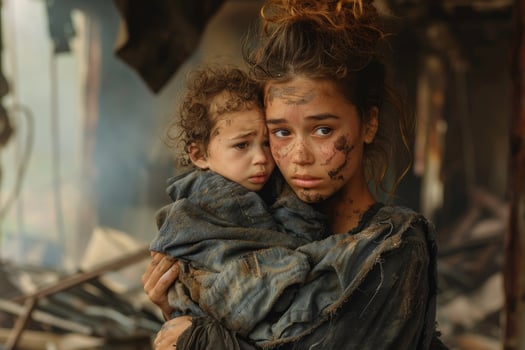young woman covered in dirt and soot with a sad, expressive look hugs a child against the backdrop of the ruins of her home. The idea of loss, hopelessness, war and destruction photo