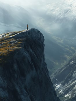 A person standing on a mountain top looking down at the valley below photo