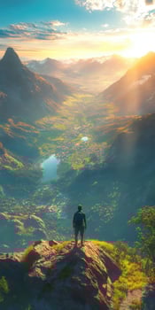 A man standing on top of a mountain overlooking a valley photo