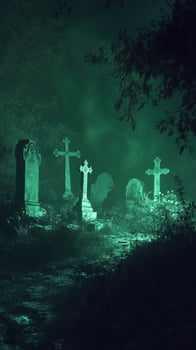 Eerie cemetery scene at night with tombstones bathed in mysterious green moonlight photo