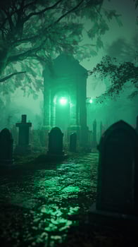 Eerie cemetery at night with tombstones bathed in mysterious green moonlight photo