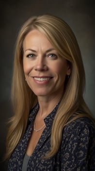 A woman with blonde hair and blue eyes smiling photo