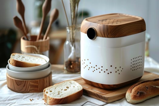 Modern bread box keeping bread fresh on kitchen counter photo