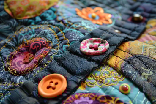 Colorful patchwork fabric showing sewing buttons and decorative stitching photo