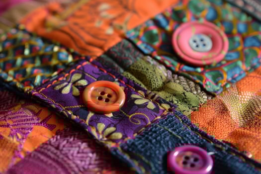 Colorful patchwork fabric with buttons showing sewing technique photo