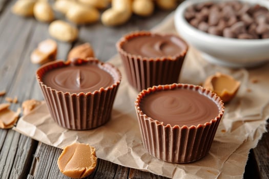 Delicious peanut butter chocolate cups sitting on rustic table photo