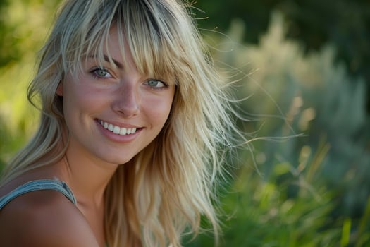 Beautiful blonde woman smiling outdoors in nature photo