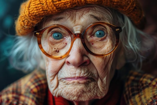 Portrait of a very old woman with blue eyes wearing glasses and an orange beanie photo
