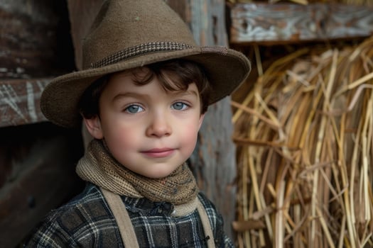 Young farmer posing near hay bale wearing hat and suspenders photo