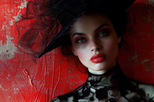 Fashion model posing with black hat and red lipstick on red background photo