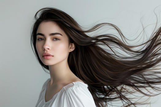 Beautiful young woman with long flowing hair posing in studio photo