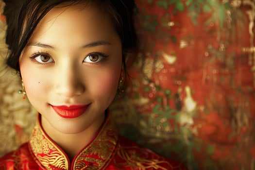 Beautiful chinese woman wearing traditional red dress smiling gently photo