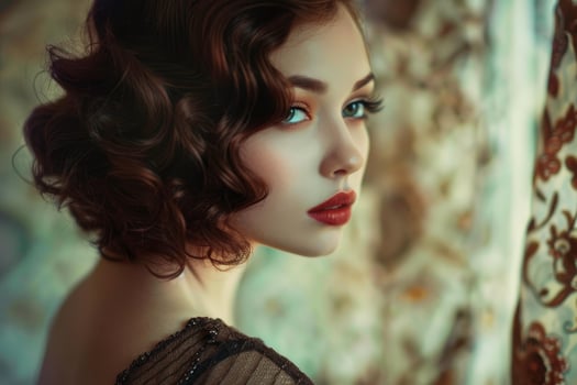 Fashionable woman with curly hair and red lipstick posing in vintage room photo