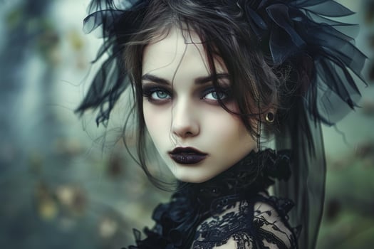 Mysterious gothic girl wearing black lace and veil posing in a forest photo