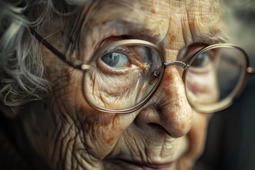 Close up of senior woman wearing glasses showing wisdom and experience photo