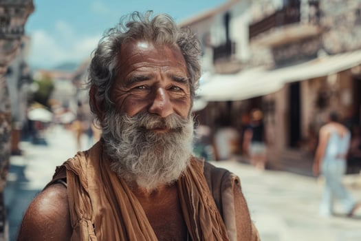 Portrait of smiling senior man with long beard in traditional greek village photo