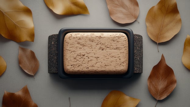 Elegant wooden serving platter surrounded by autumn leaves on a textured surface, highlighting natural materials and seasonal beauty photo