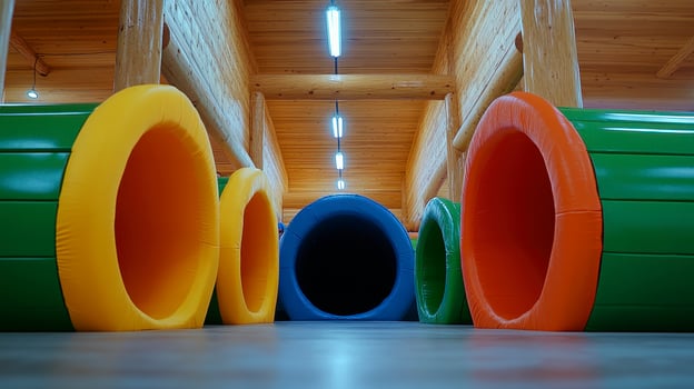 Colorful inflatable play structures enhance a spacious indoor recreational photo