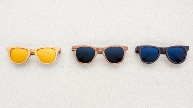 A stylish collection of wooden sunglasses showcasing different colors set against a sandy background photo