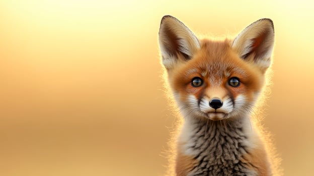 A striking close-up of a red fox pup with bright eyes and a fluffy coat, set against a warm golden background during sunset photo