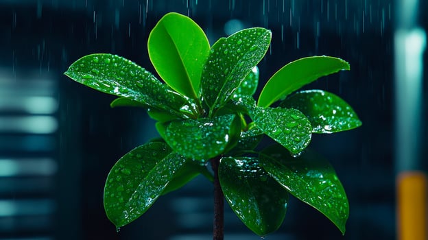 Lush green plant glistening with raindrops captured in a dramatic indoor setting with soft lighting photo