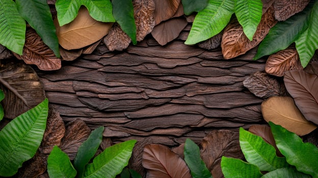 A beautiful arrangement of assorted green and brown leaves framing a textured wooden background for nature-inspired design. photo