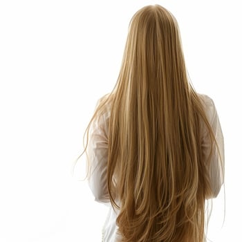 Woman showing long straight blonde hair from behind on white background photo